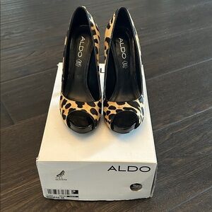 ALDO Leopard Print Peep-Toe Heels with Black Patent Trim